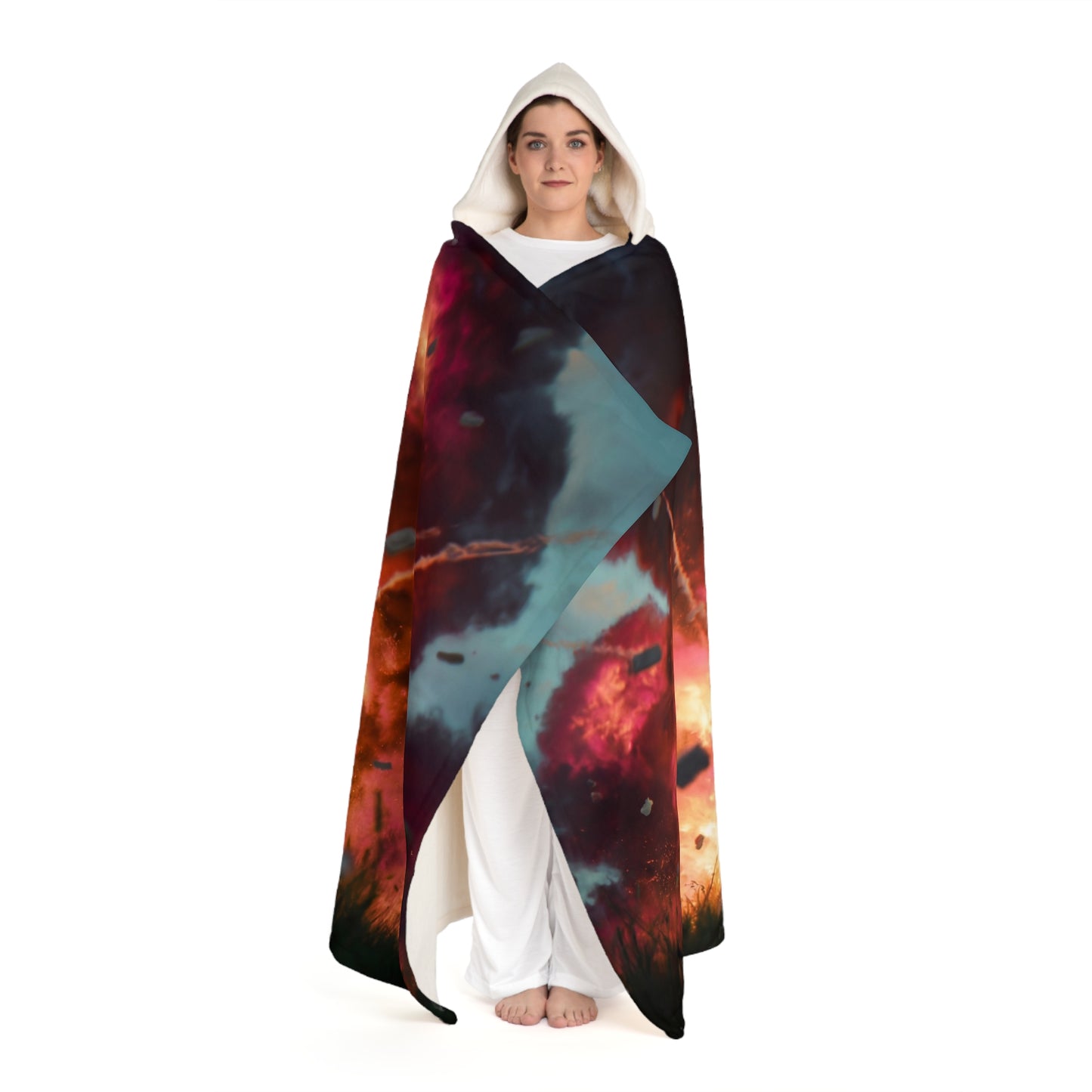 Mad Scientist Amidst Crimson Explosion Hooded Sherpa Fleece Blanket – Calm in the Chaos