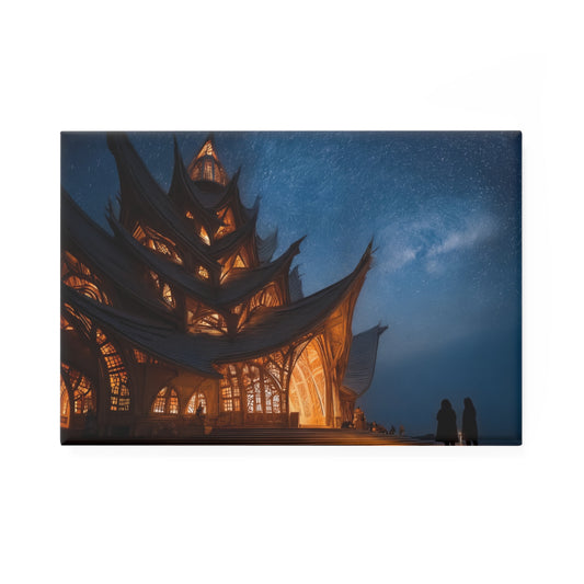 Starlit Temple of Wings Button Magnet, Rectangle (1 & 10 pcs) – Warm Light Under a Milky Way Sky
