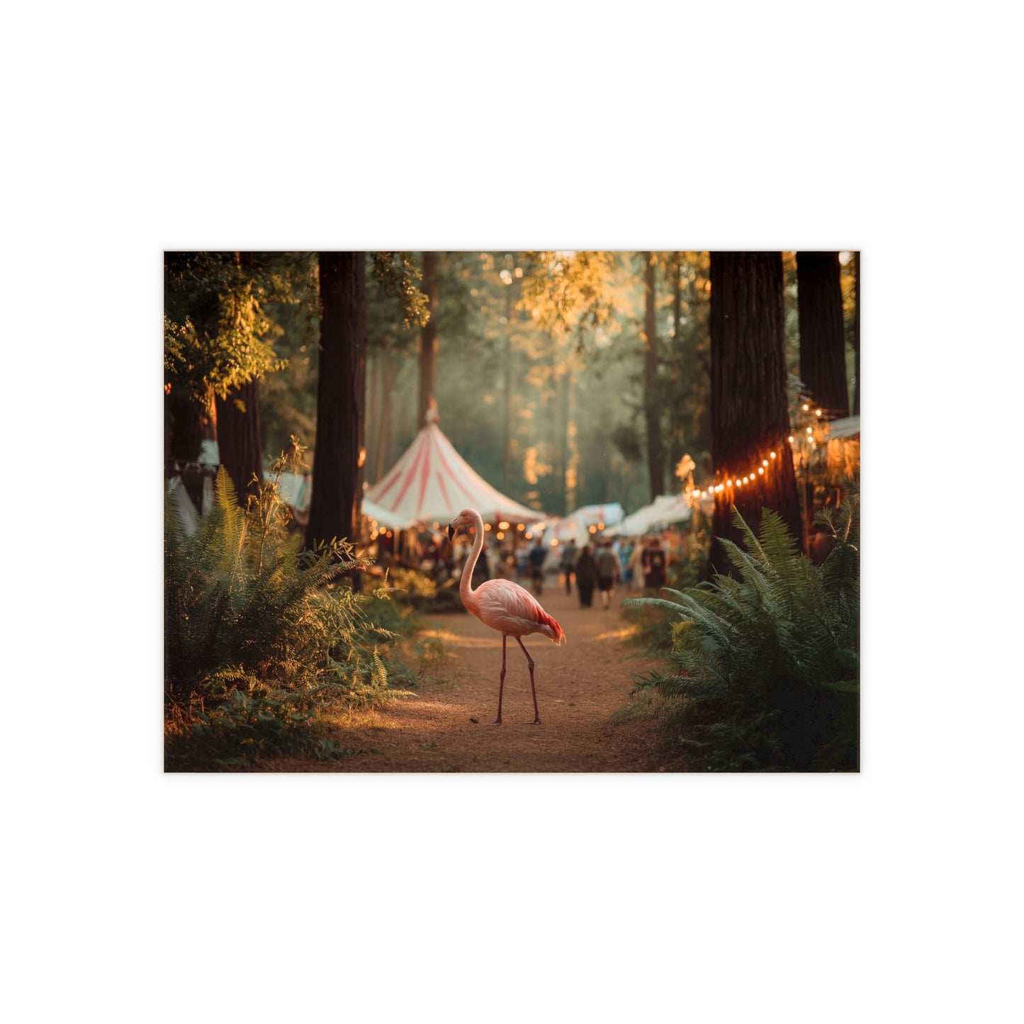 Pink Flamingo Forest Path Ceramic Photo Tile – Sunset Carnival Whimsy