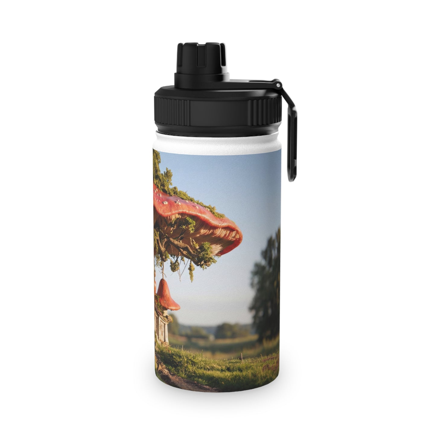 Mushroom Cottage Water Bottle – Red Cap Forest Dwelling with Gnarled Roots