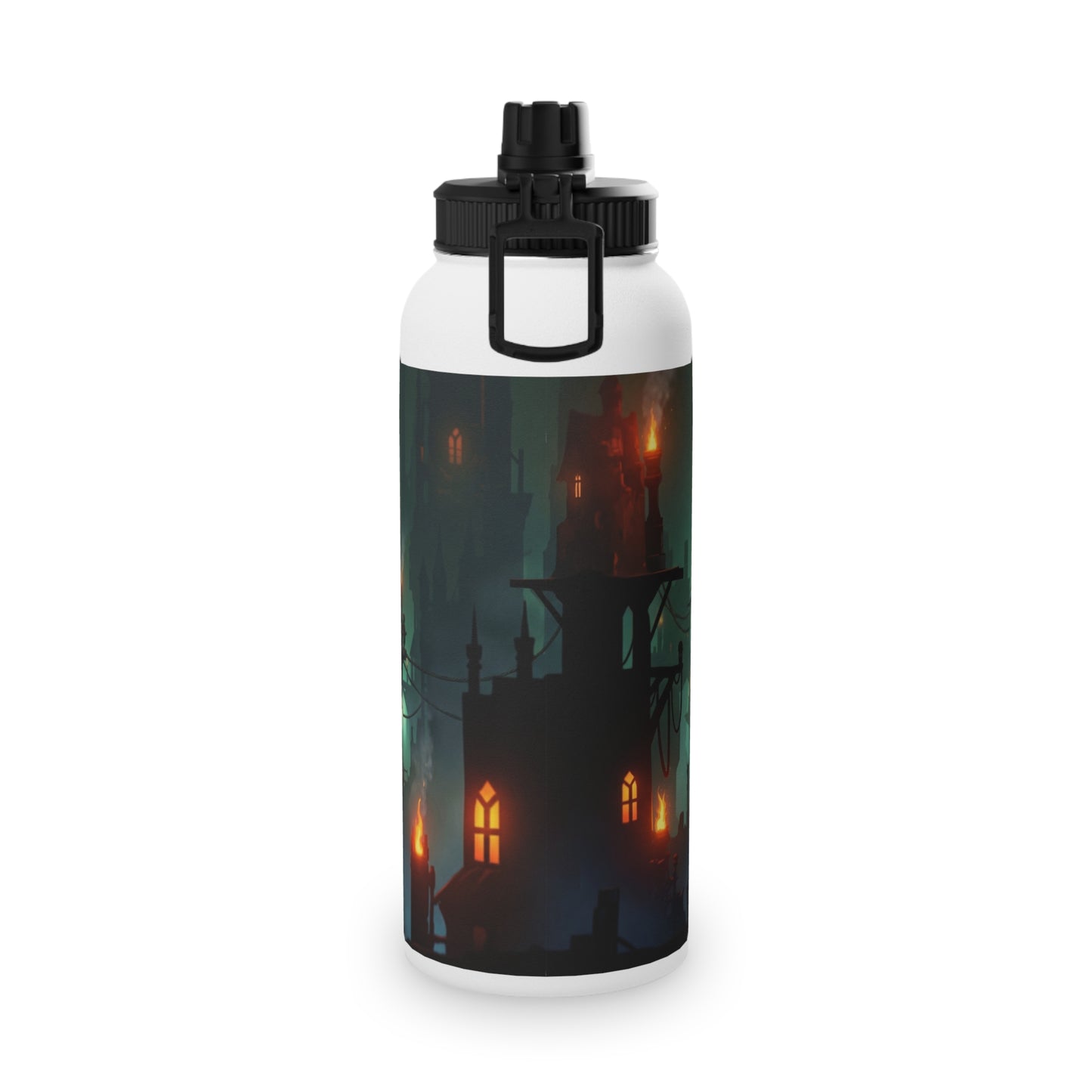 Floating City at Dusk Stainless Steel Water Bottle, Sports Lid – Amber Lights in the Mist