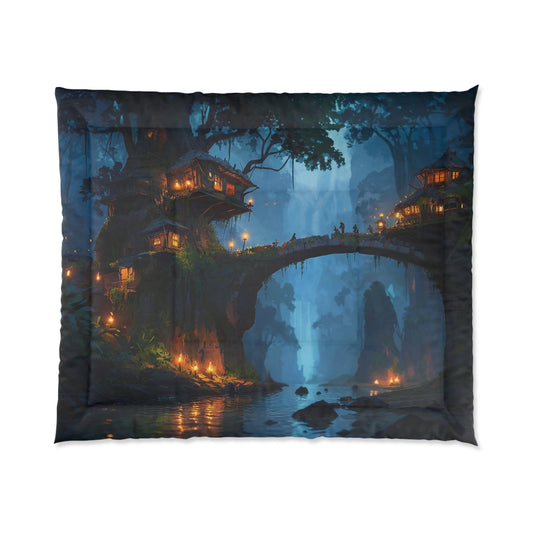 Whispering Falls Treehouse Comforter – Warm Light Over Ancient Canopy