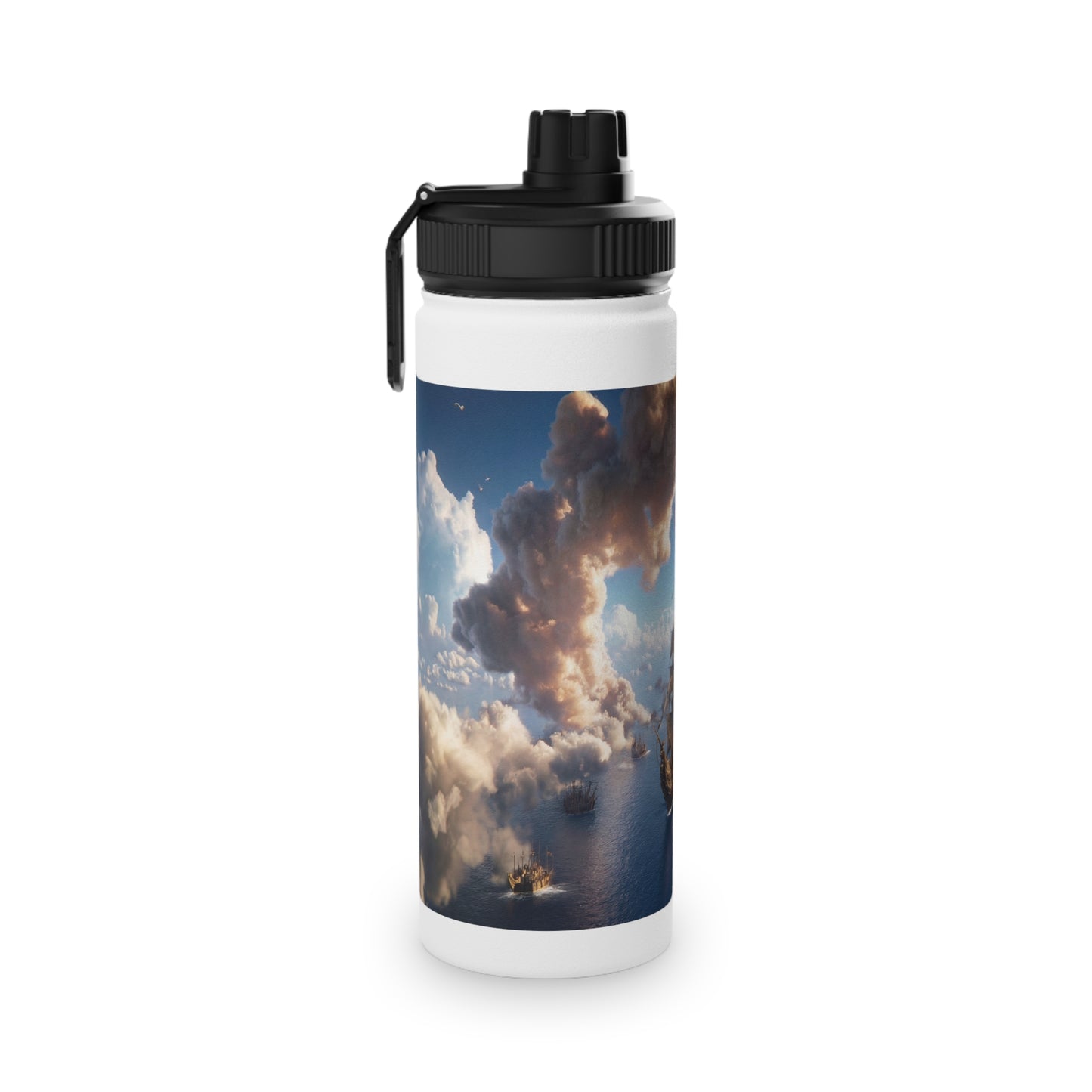Armada Through Clouds Stainless Steel Water Bottle, Sports Lid – Golden Fleet at Dawn