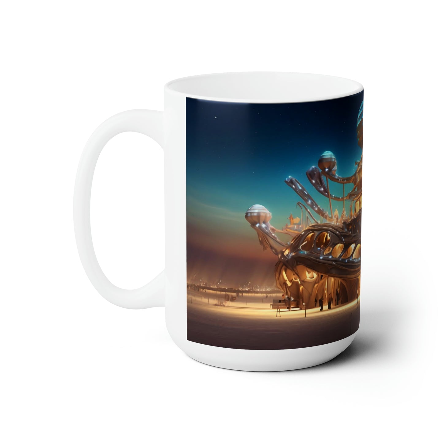 a floating island dominating the skyline of the Burning Man festival, casting an otherworldly aura over the ephemeral city.  - Ceramic Mug 15oz