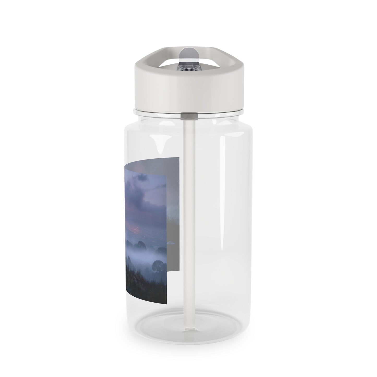 Twilight Hilltop Tritan Water Bottle – Mossy Rock and Crescent Moon Vignette