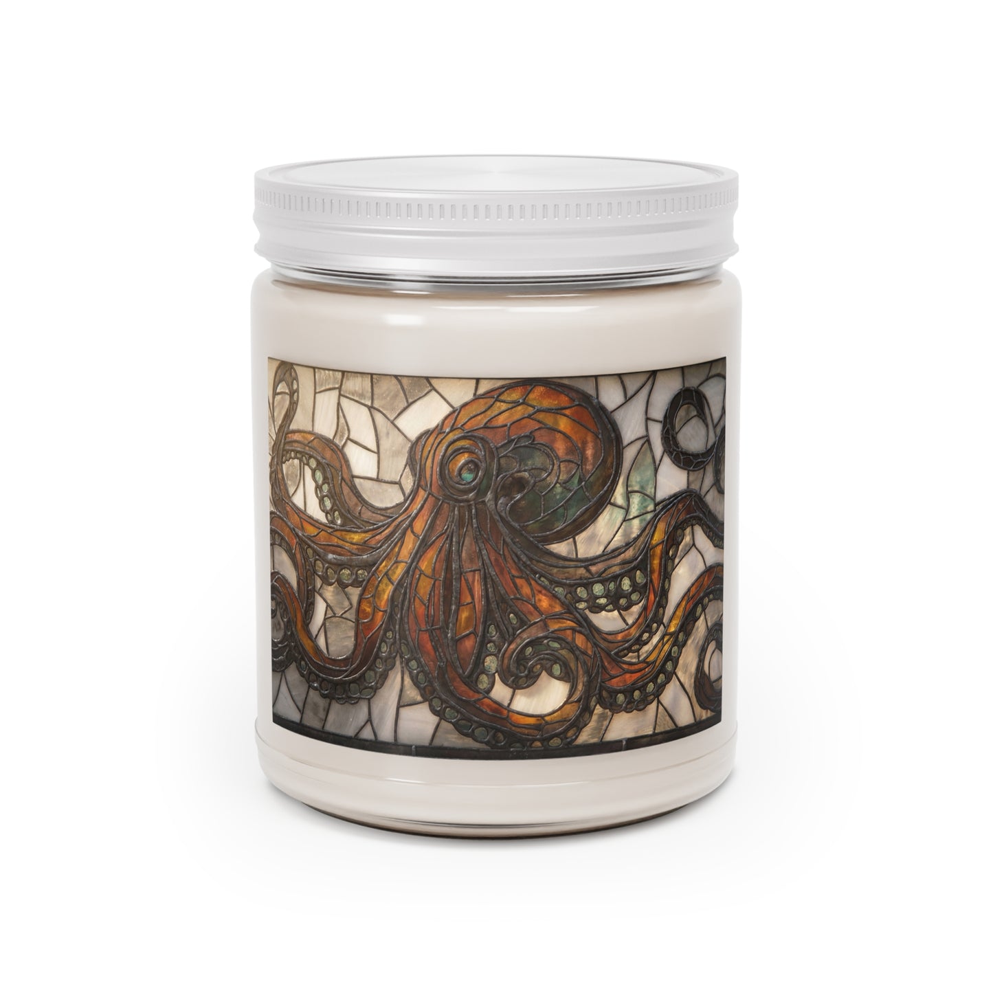 Stained Glass Octopus Scented Soy Candles with White Lid, 9oz – Deep Sea Cathedral Light