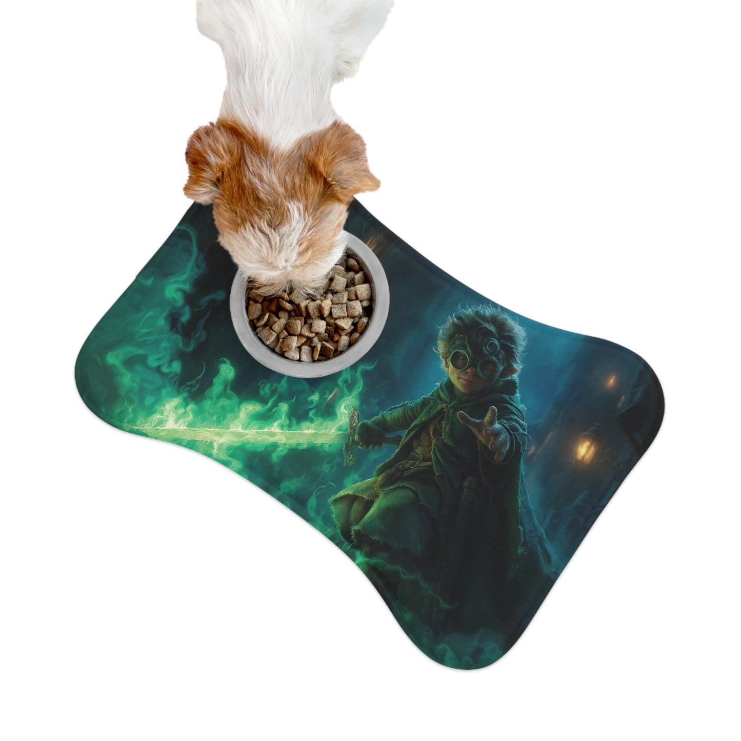 Gnome Guardian Pet Feeding Mats – Emerald Flame Sentinel