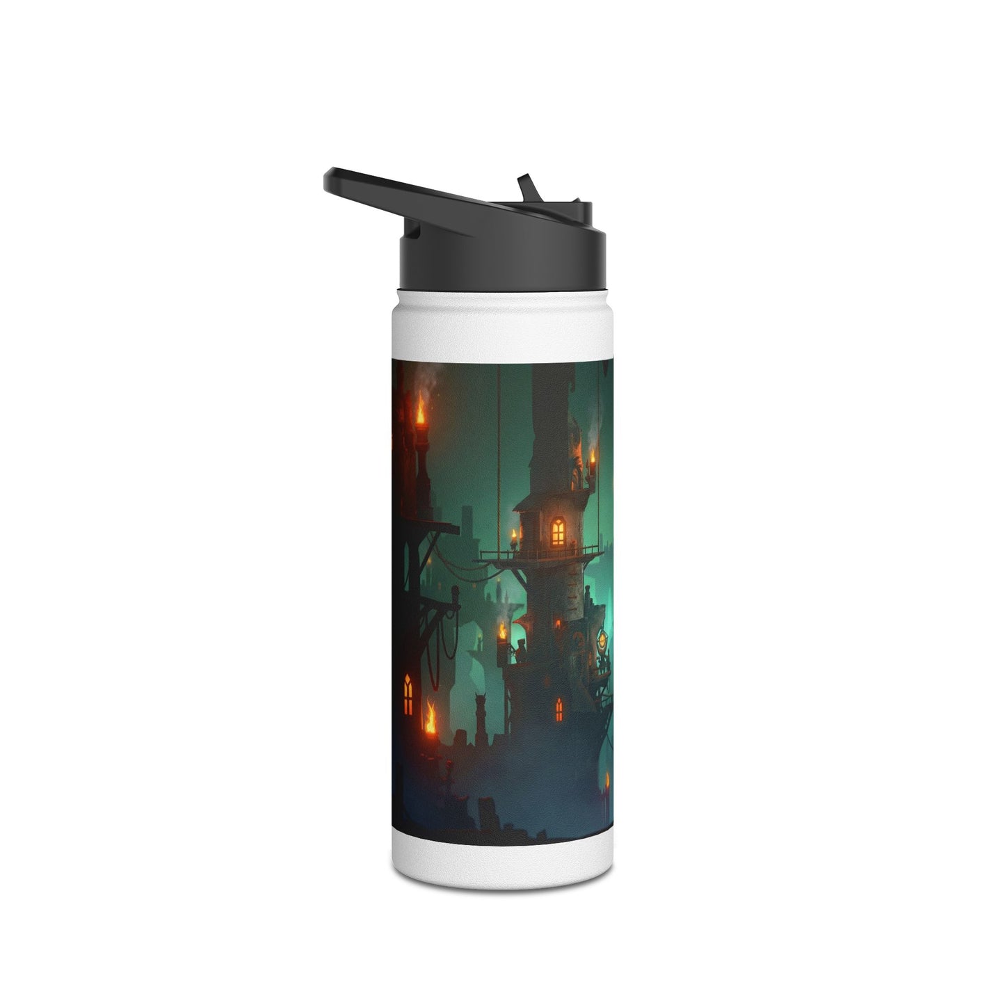 Floating City at Dusk Stainless Steel Water Bottle – Warm Lights Among the Mist
