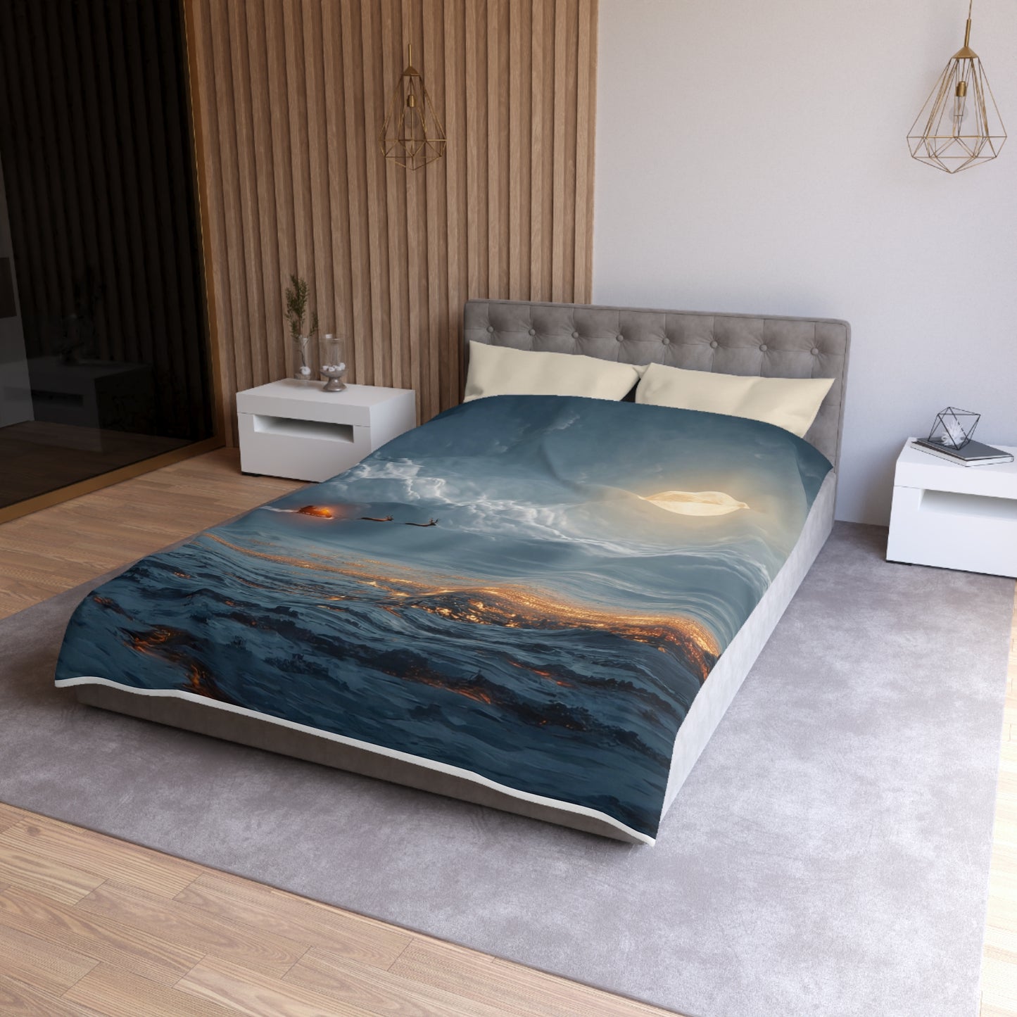Lunar Sleigh Ride Microfiber Duvet Cover – Midnight Deliveries Over Frost-Covered Towns