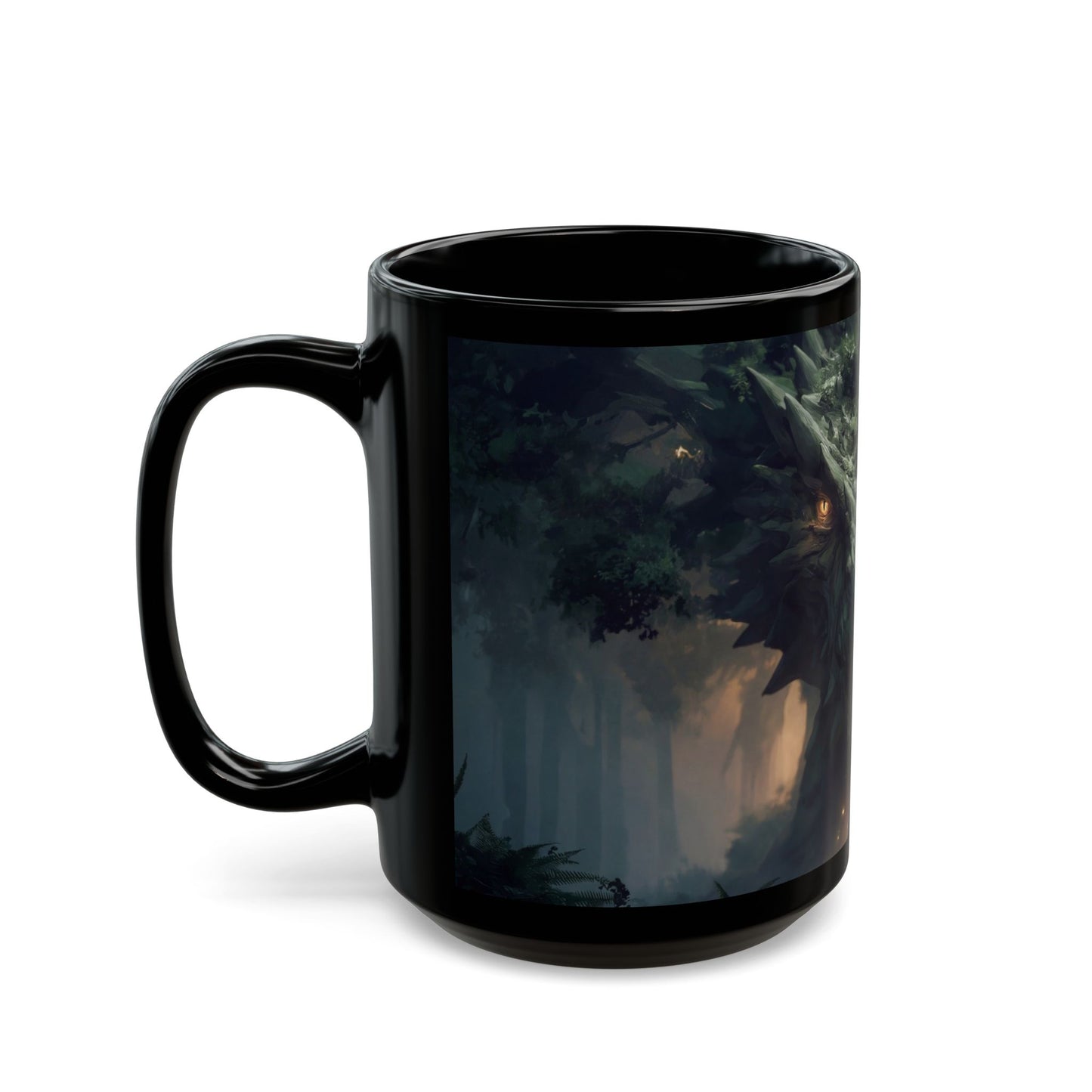 Ancient Dragon Guardian Black Mug – Forest Cathedral at Dusk