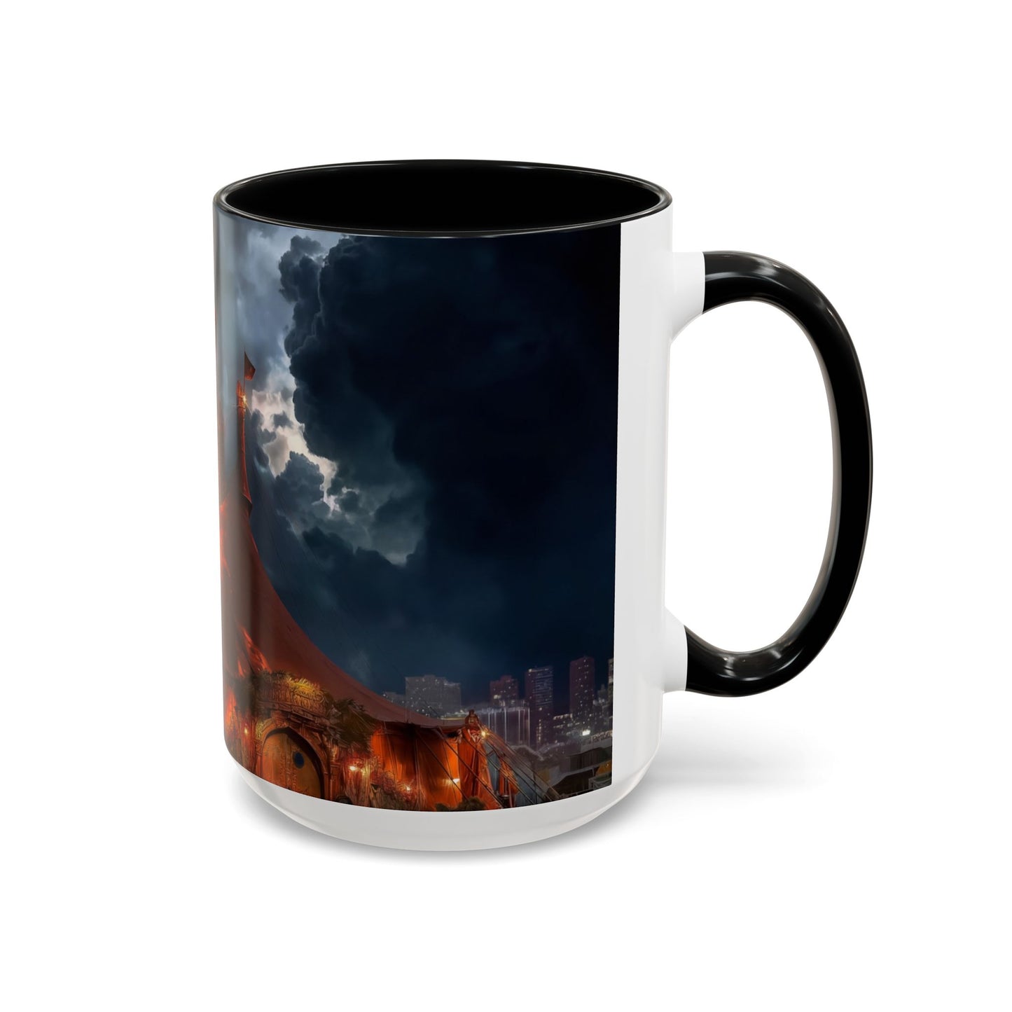 Crimson Circus Tent Accent Coffee Mug (11, 15oz) – Neon Nightscape Under Thunderclouds