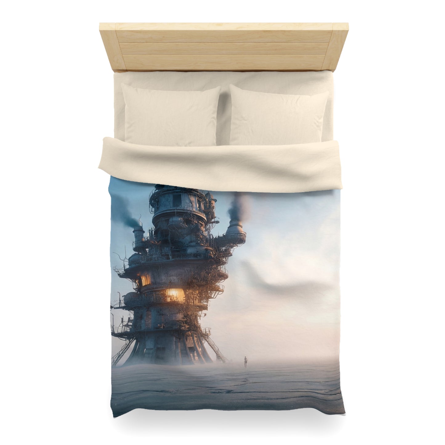 Skyward Steam Tower Microfiber Duvet Cover – A孤独 Sentinel in Dawn’s Hush