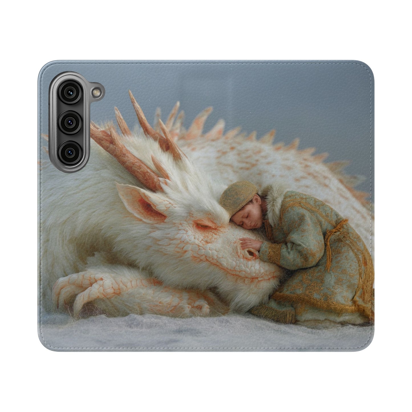 Sleeping Child and Dragon Flip Cases – Snowy Guardian Embrace