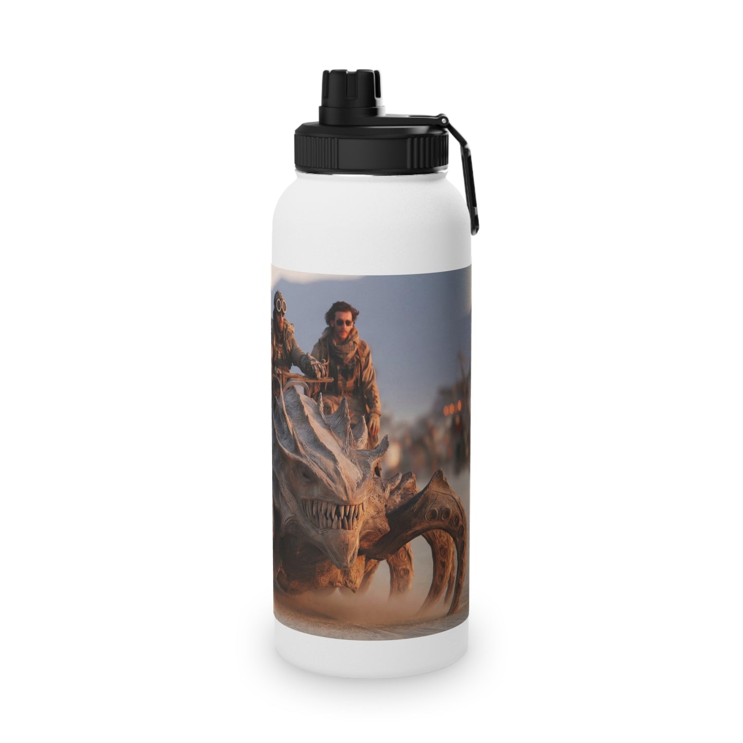 Desert Dragon Ride Stainless Steel Water Bottle, Sports Lid – Sunset Dust and Steam-Punk Fangs