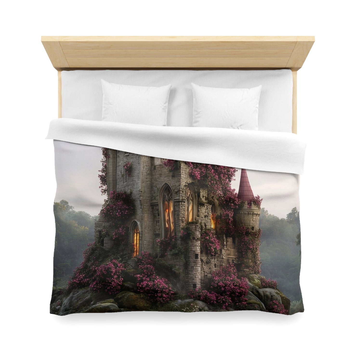 Rose-Covered Castle Microfiber Duvet Cover – Whispers of the Misty Vale