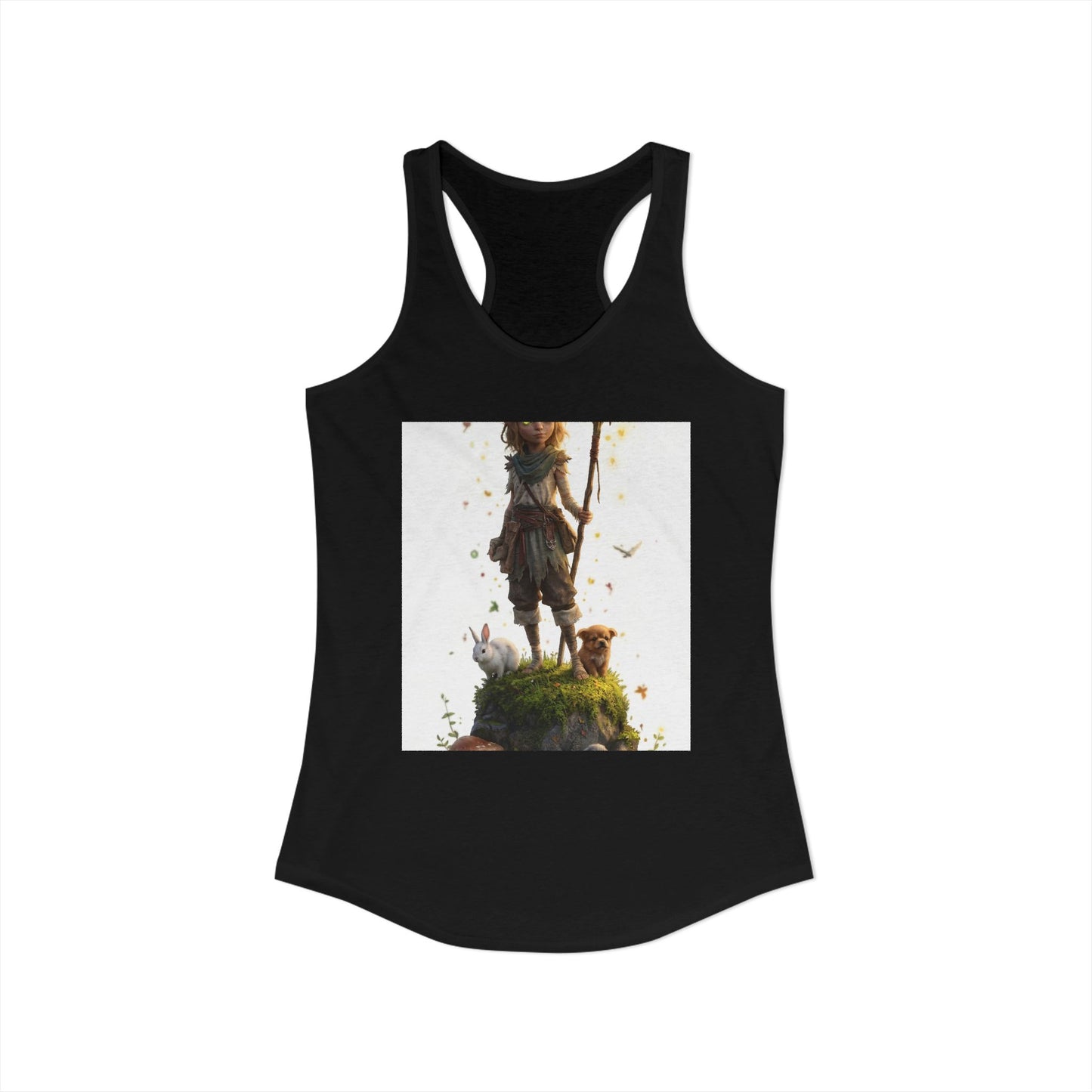 Forest Guardian Racerback Tank – Mossy Rock Sentinel with Rabbit Companions