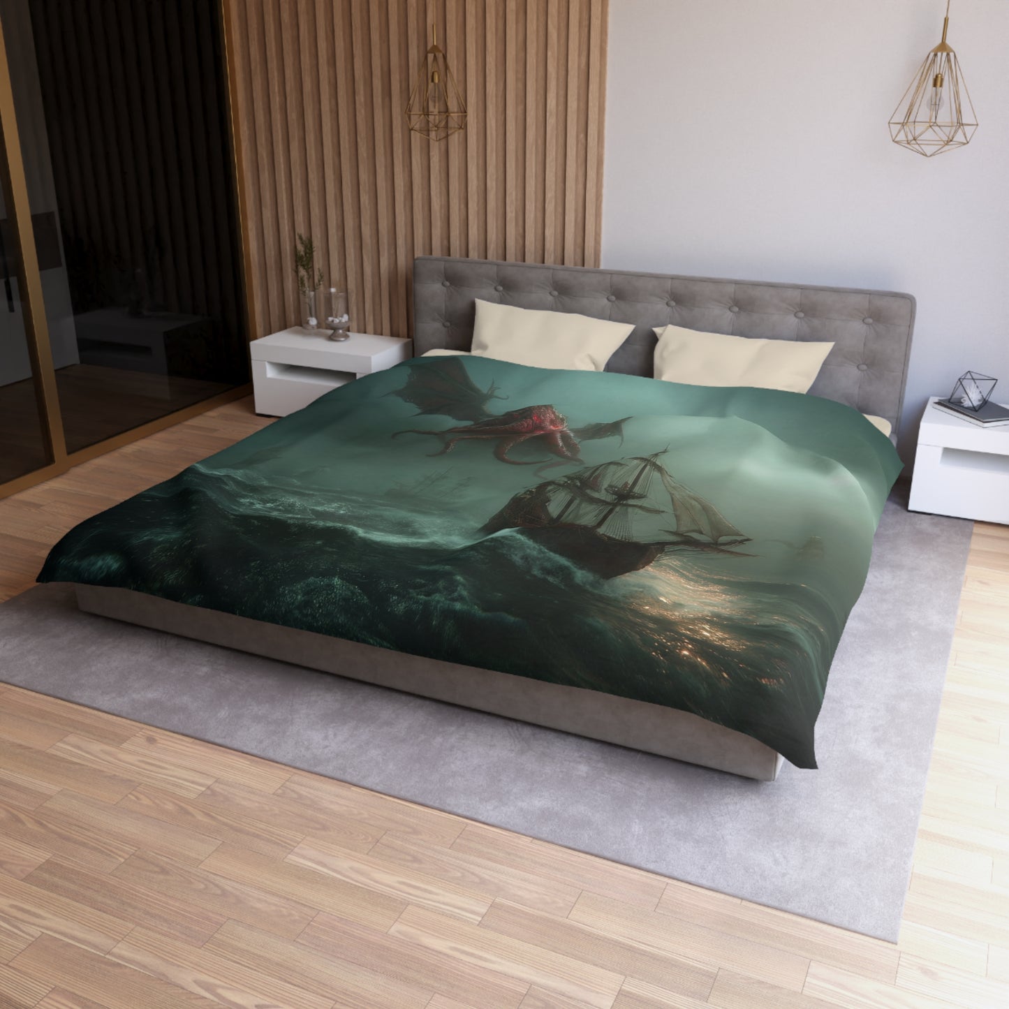 Leviathan Sentinel Microfiber Duvet Cover – Crimson Winged Guardian Seascape