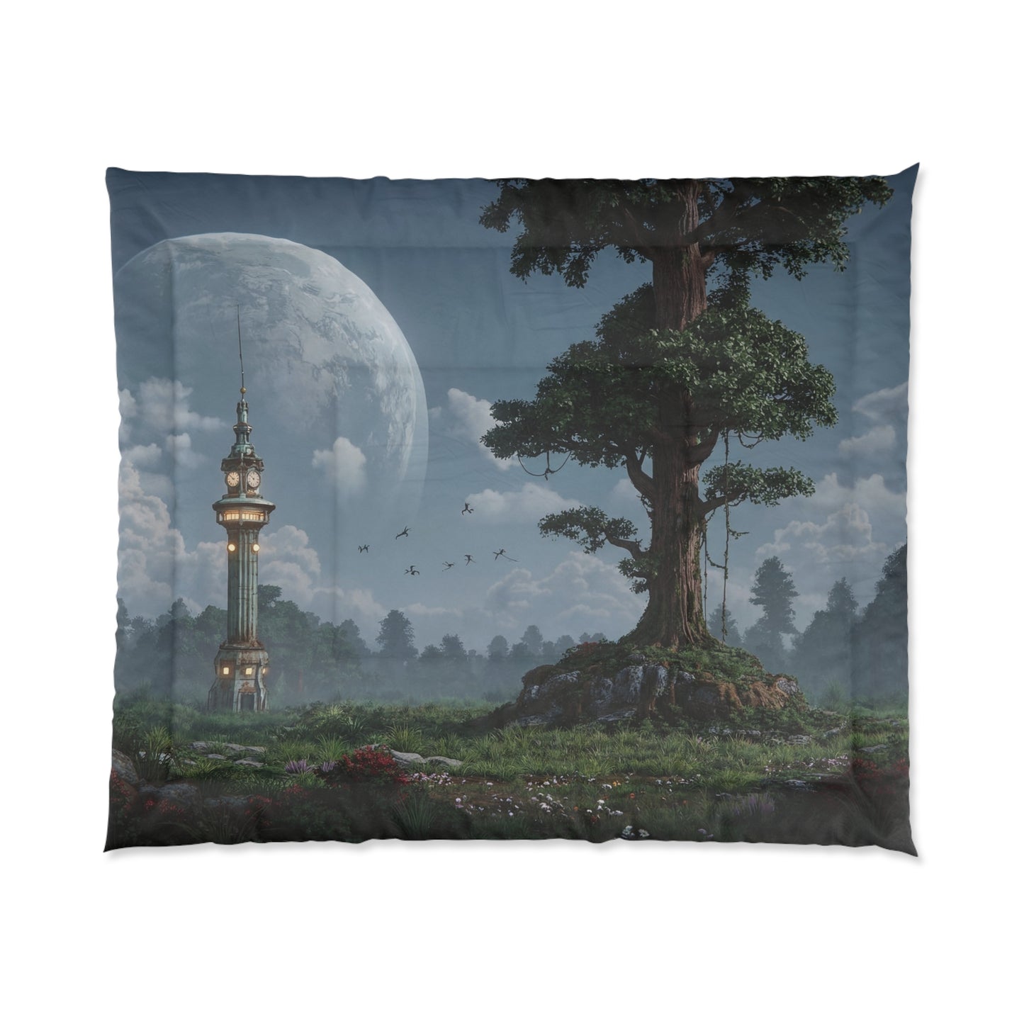 Clocktower Under Celestial Moon Comforter – Twilight Whispers Through Ancient Trees