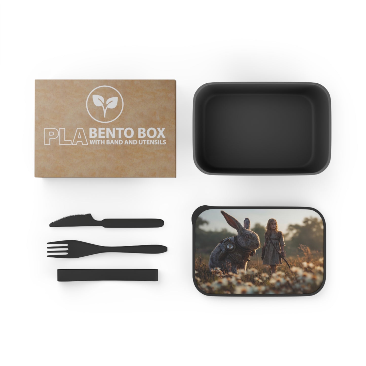 Guardian Rabbit and Girl PLA Bento Box with Band and Utensils – Sunset Meadow Companionship