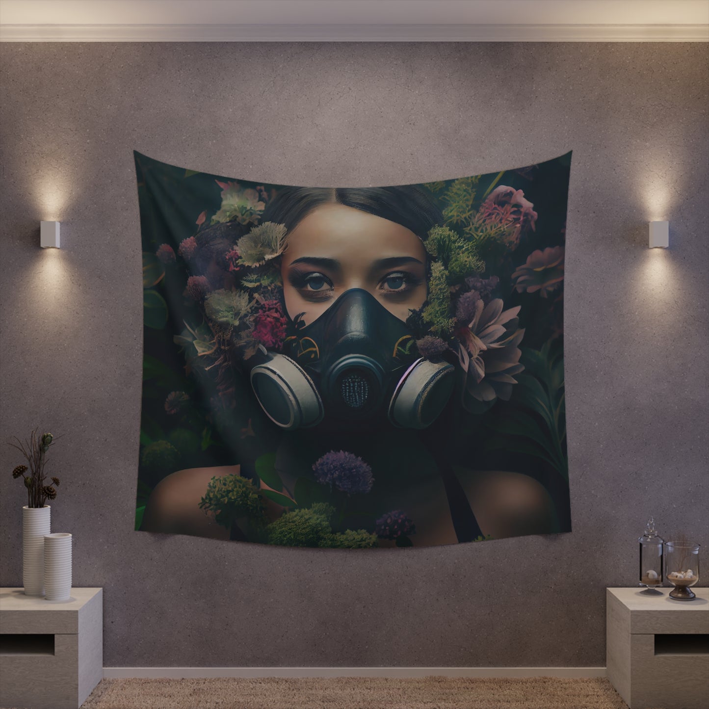 a beautiful woman wearing a gas mask filled with plants and flowers and moss - Printed Wall Tapestry