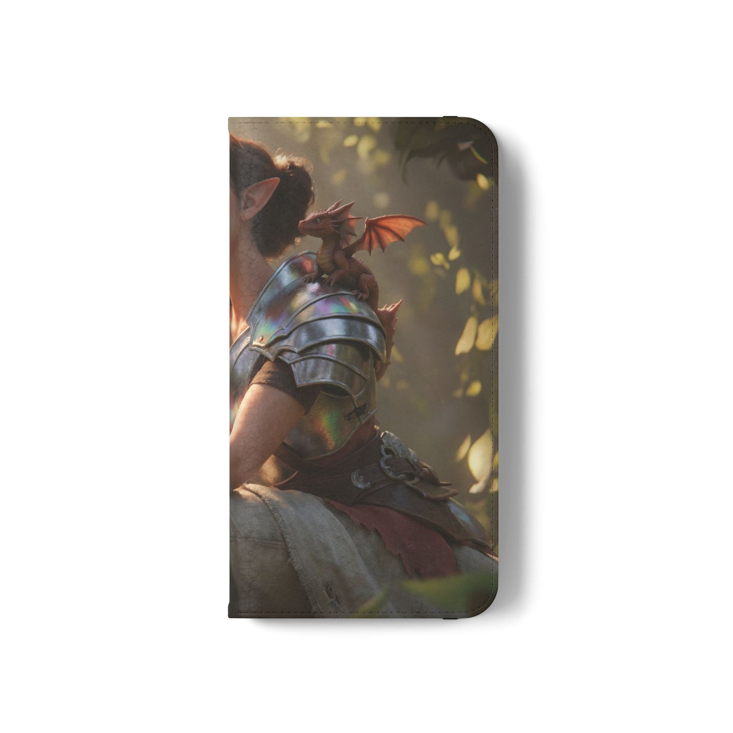 Elven Knight with Dragon Flip Cases – Iridescent Armor & Tiny Guardian Portrait