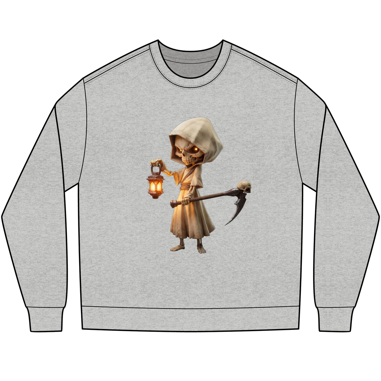 Lantern-Bearing Sentinel Unisex Heavyweight Long Sleeve Tee – Hooded Skeletal Guardian with Glowing Eyes and Scythe
