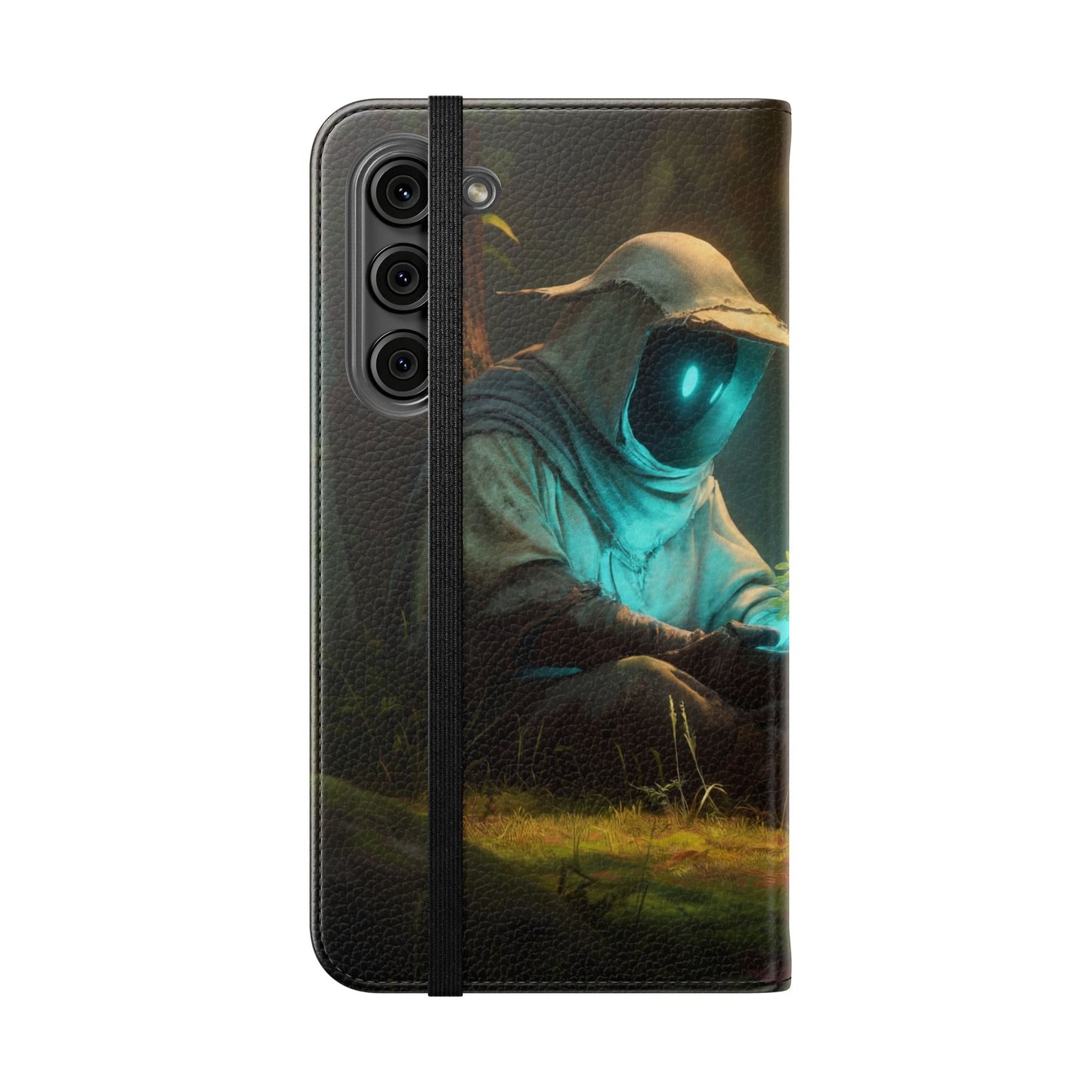 Glowing Orb Hooded Guardian Flip Cases – Bioluminescent Forest Keeper
