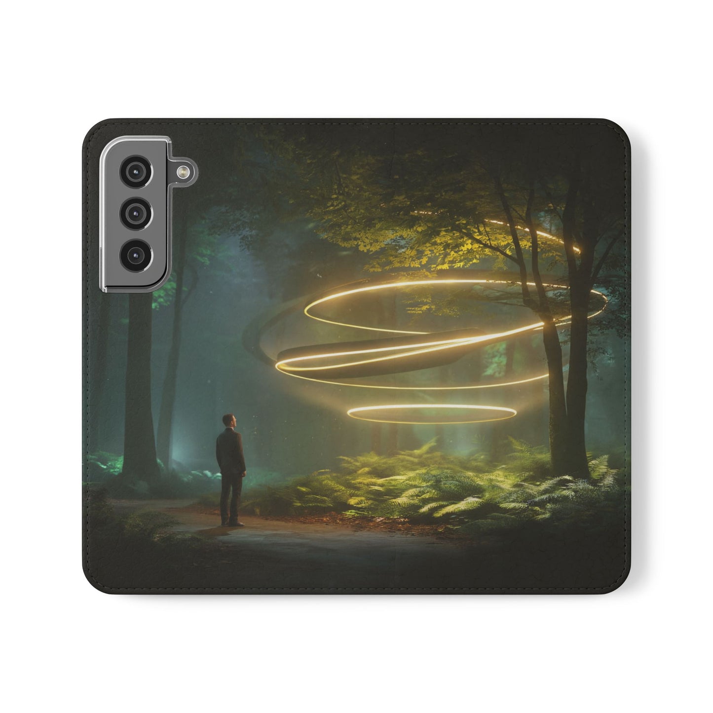 Luminous Spiral Forest Flip Cases – Golden Light Rings Mystery Scene
