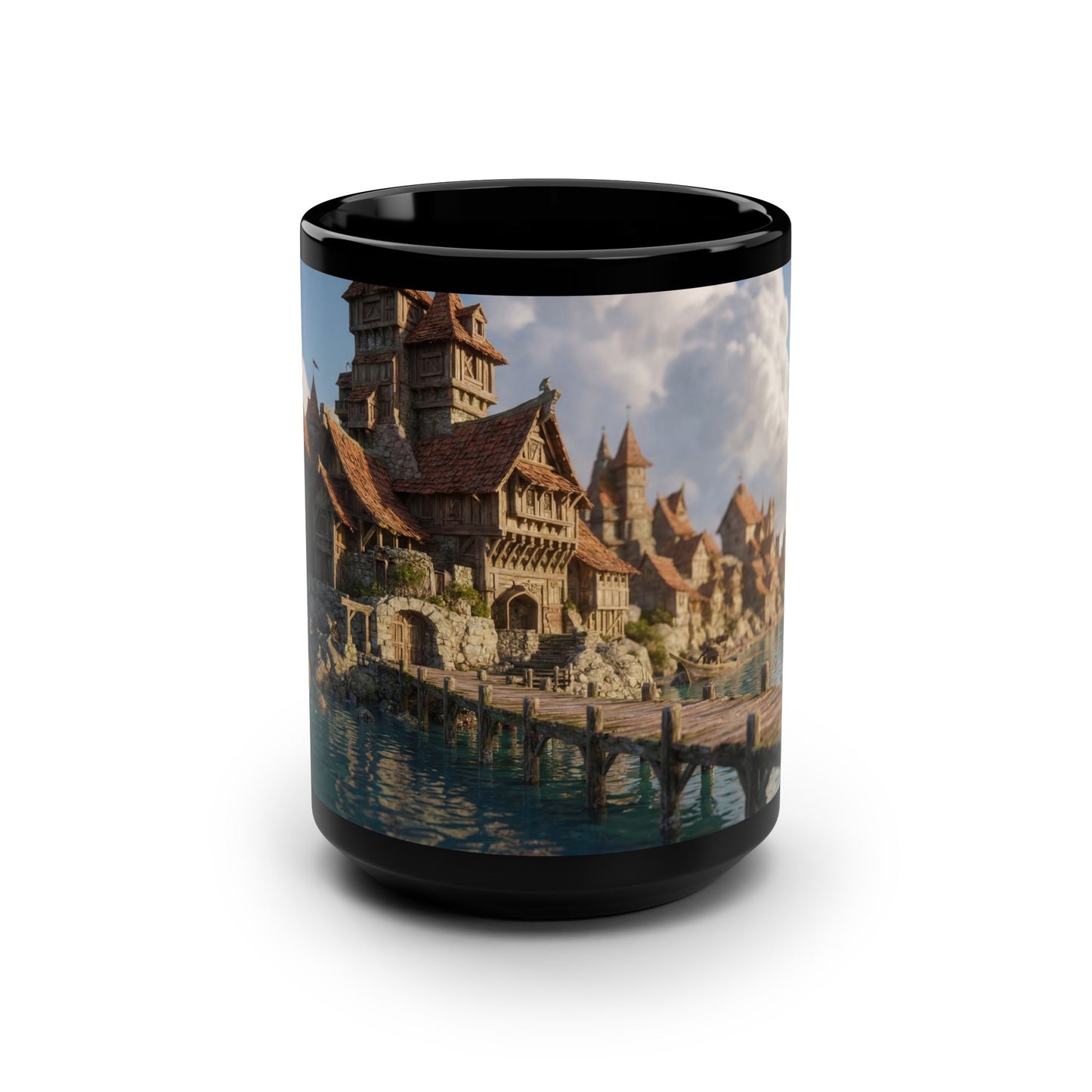 Ancient Coast Village Black Mug, 15oz – Weathered Timber and Amber Light
