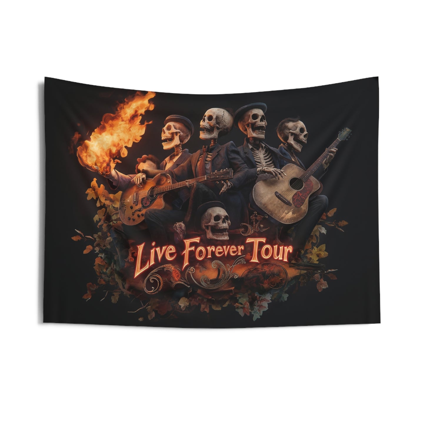 Skeleton Band Live Forever Tour Indoor Wall Tapestries – Fiery Guitarists in Velvet Shadows