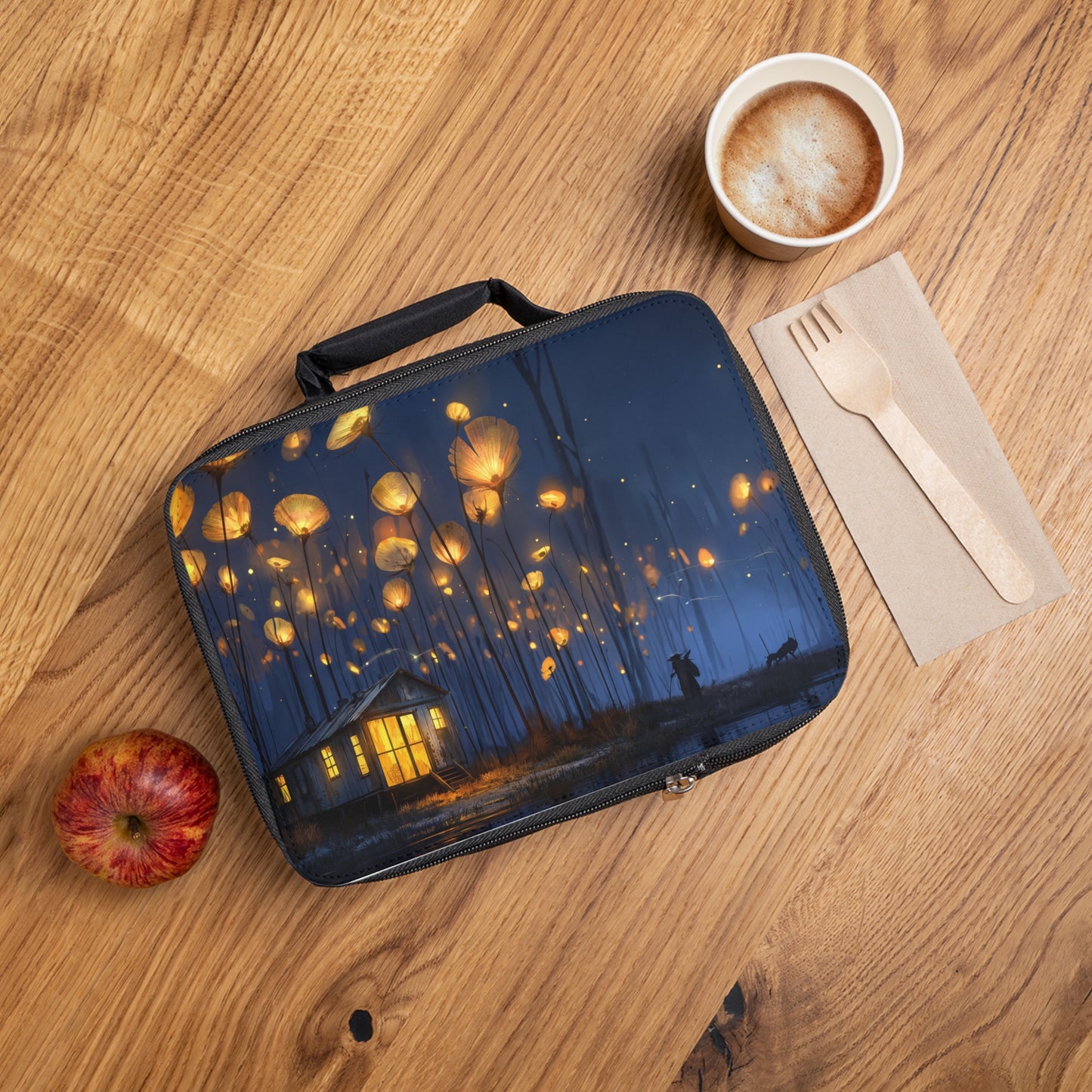 Luminous Wildflower Cottage Lunch Bag – Warm Light in the Twilight Marsh