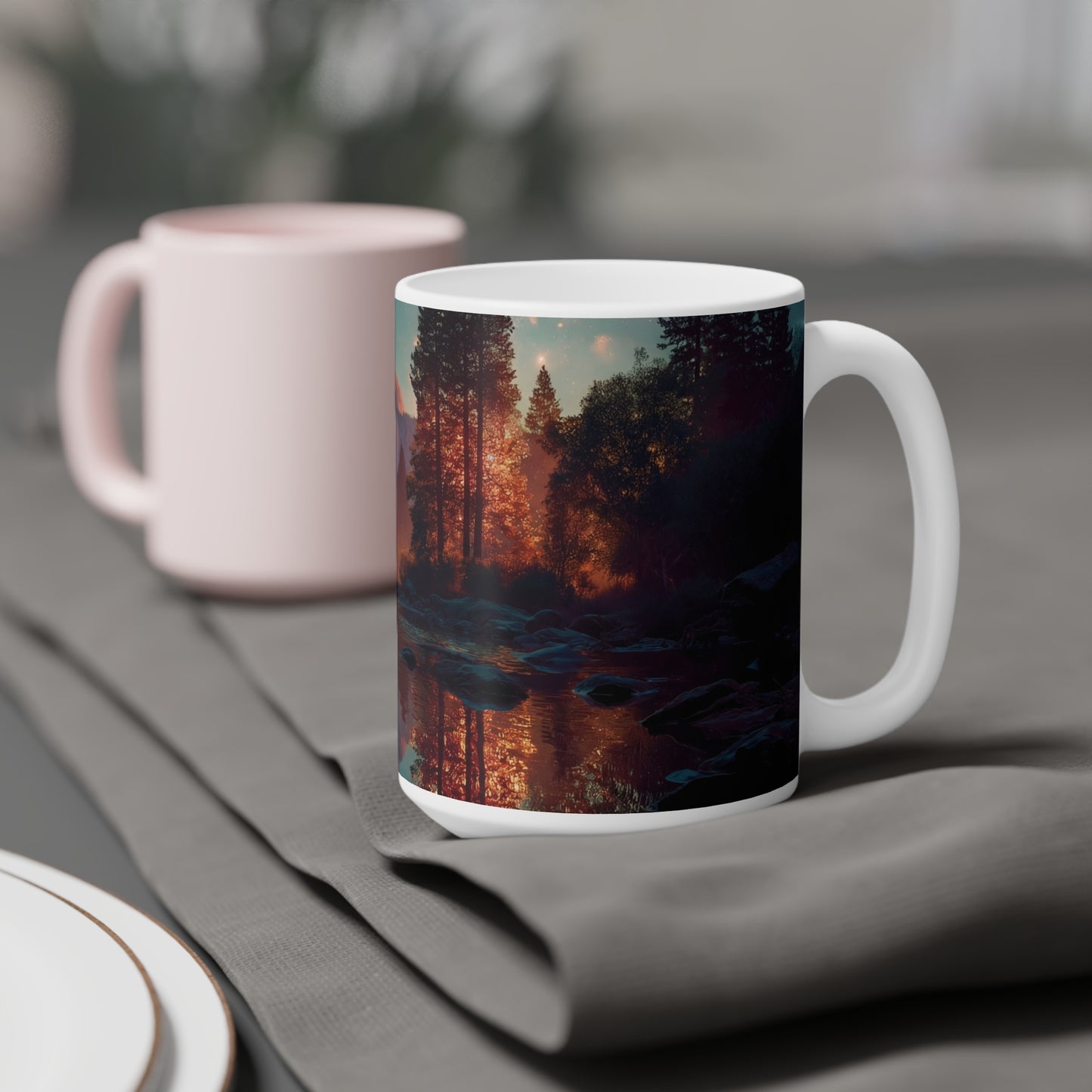 Starlit River Reflections Ceramic Mugs (11oz\15oz\20oz) – Half Dome’s Celestial Mirror