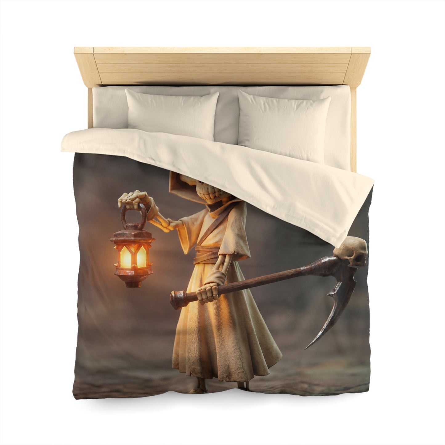 Lantern-Bearing Reaper Microfiber Duvet Cover – Warm Glow Through Twilight Shadows