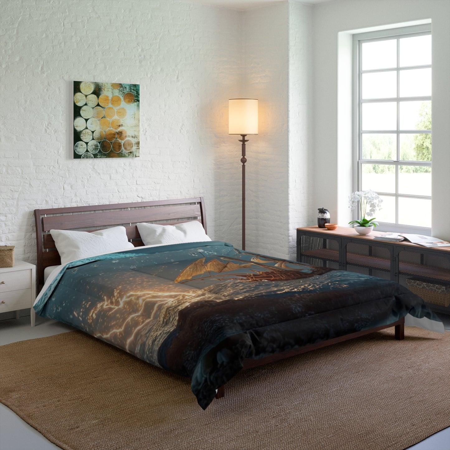 Storm-Sailed Ship in Bottle Comforter – Pocketed Seascape Sanctuary