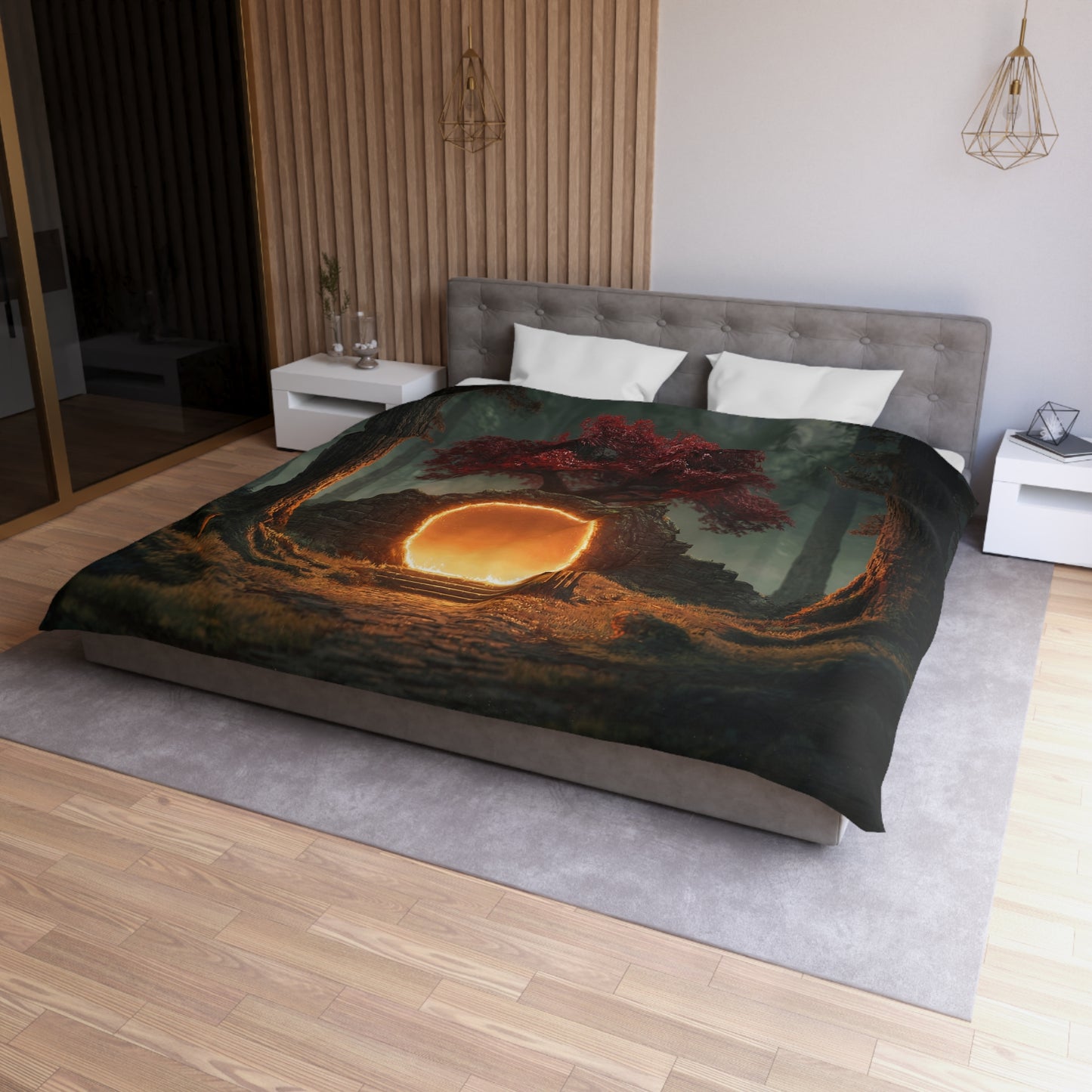 Crimson Portal Duvet Cover – Whispering Forest Gateway