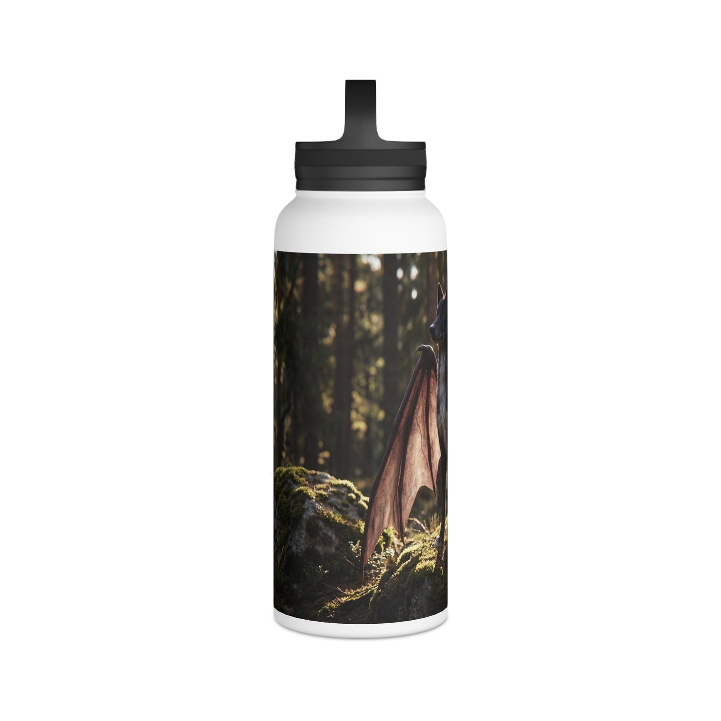 Winged Wolf in Sunlit Forest Stainless Steel Water Bottle, Handle Lid – Guardian of the Mossy Glade