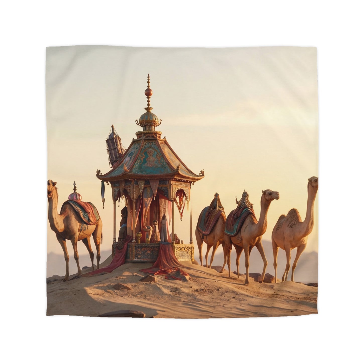 Desert Mirage Duvet Cover – Golden Dunes & Ornate Caravan