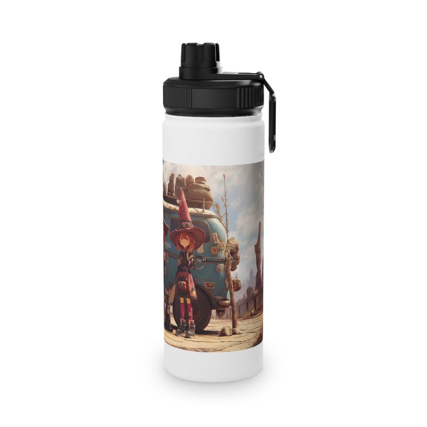 Witch Trio Roadtrip Stainless Steel Water Bottle, Sports Lid – Dusty Desert Spellbound