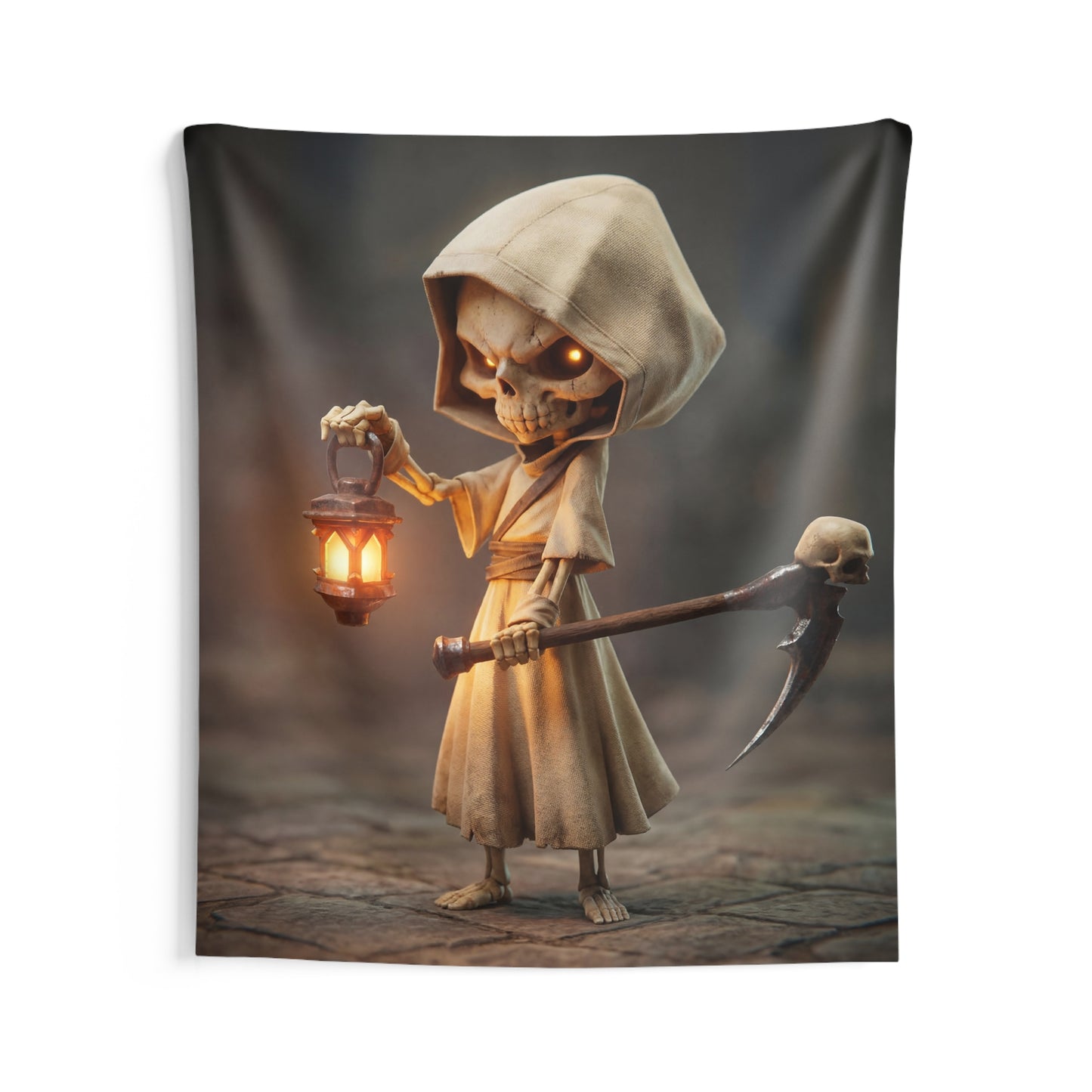 Lantern-Bearing Reaper Indoor Wall Tapestries – Warm Glow Through Twilight Shadows