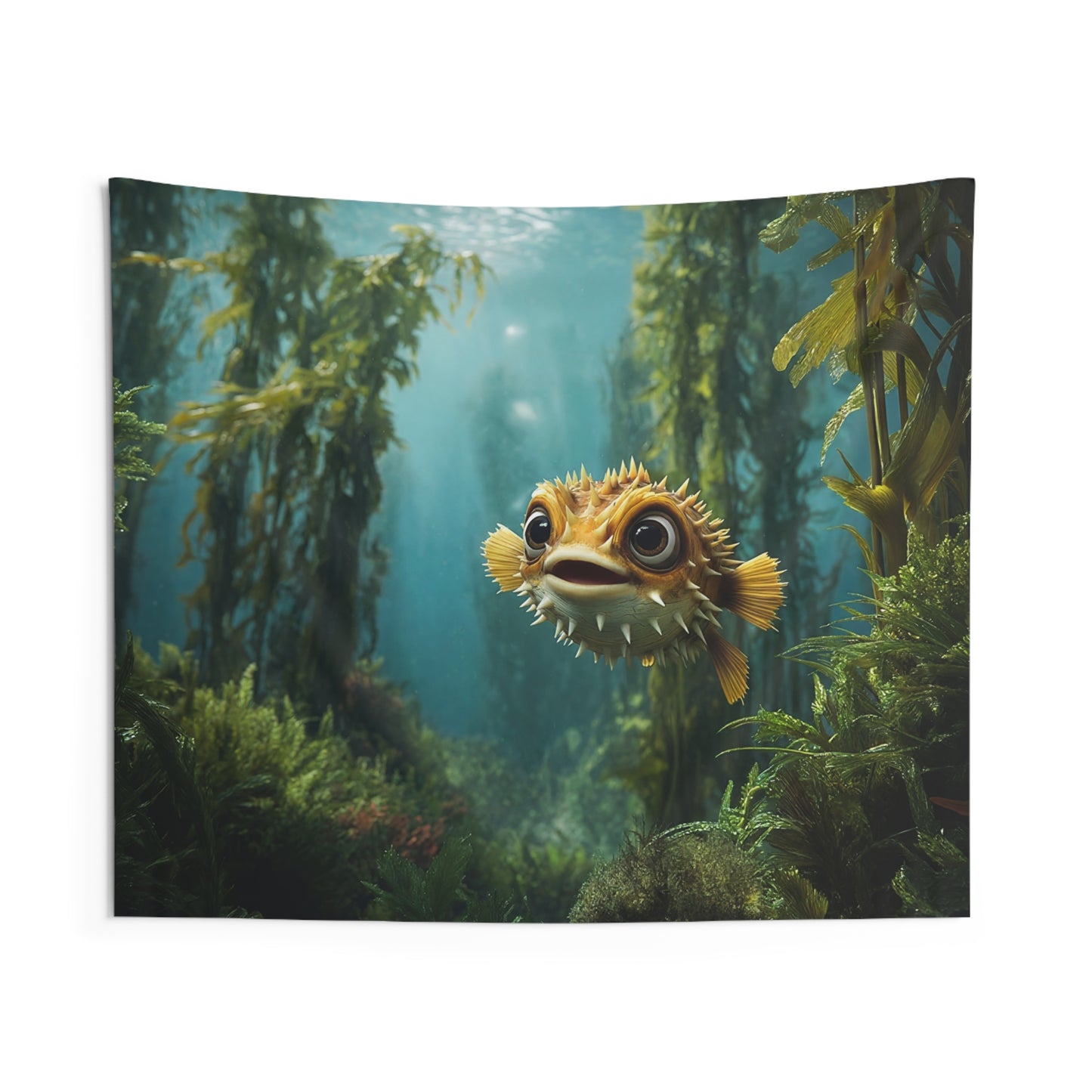 Curious Pufferfish Wall Tapestry – Sunlit Kelp Forest Adventure