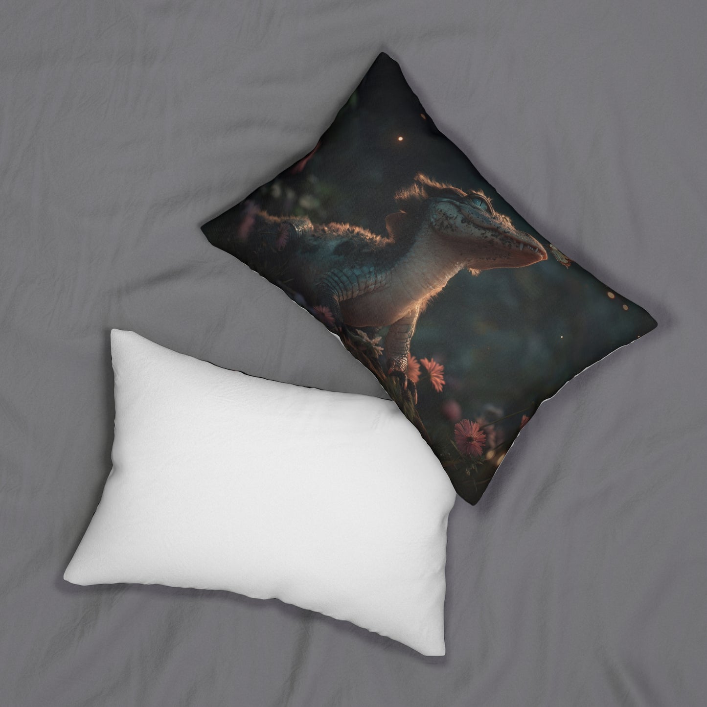 Gentle Crocodile & Butterfly Spun Polyester Lumbar Pillow – Twilight Meadow Whispers