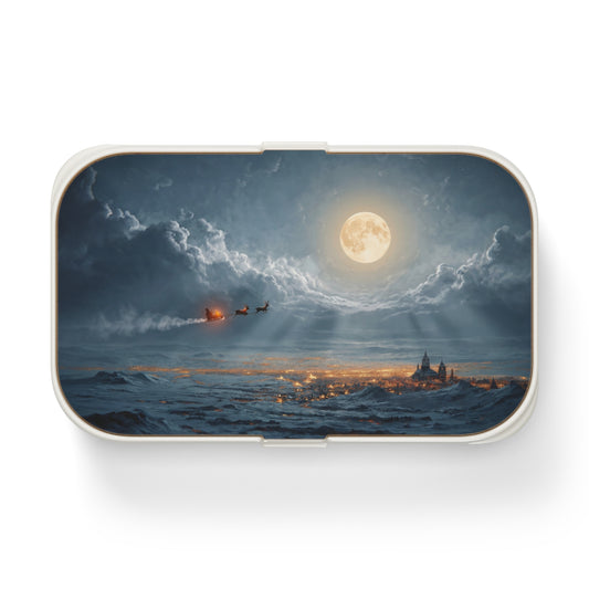 Midnight Reindeer Sleigh Bento Lunch Box – Glowing Lunar Journey Over Snow-Covered Town