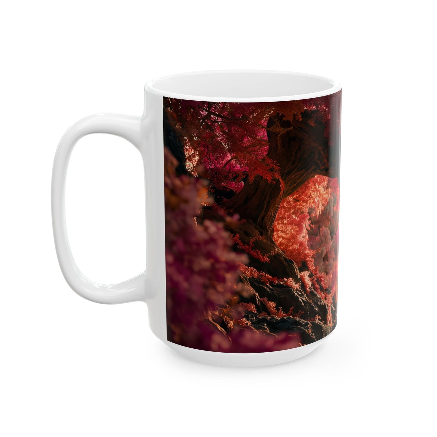 Crimson Canopy Ceramic Mug – Whispers of a Love-Spun Forest