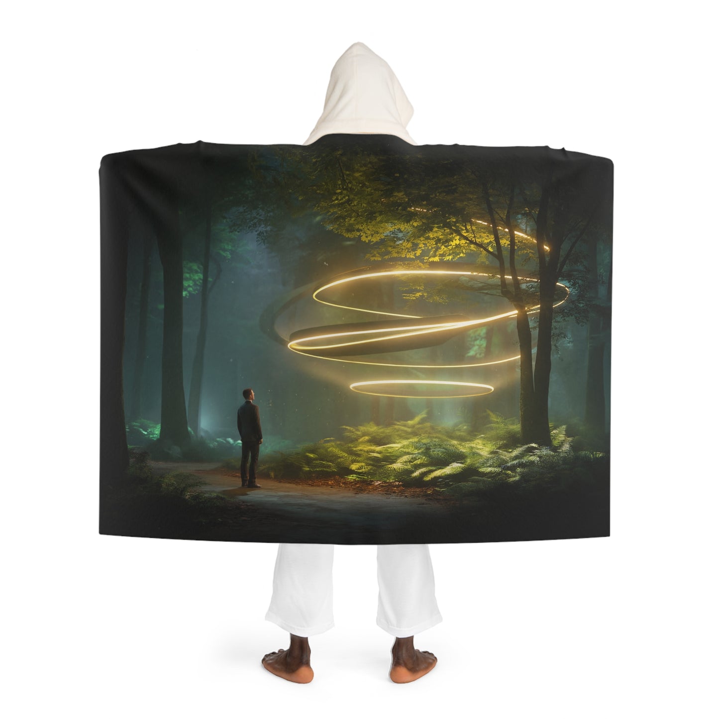 Spiral Light Sentinel Hooded Sherpa Fleece Blanket – Amber Forest Guardian Tapestry