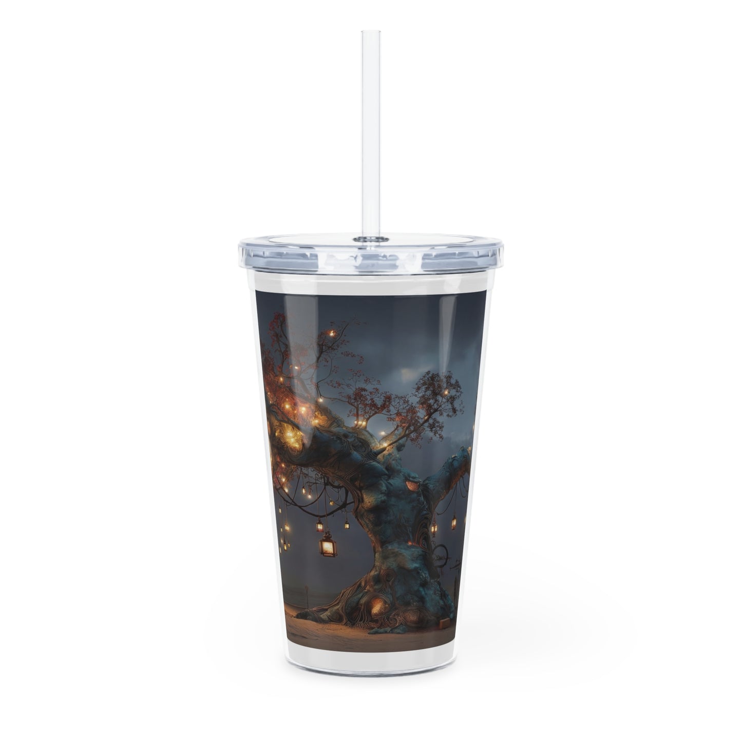 Lantern Tree Plastic Tumbler with Straw – Glow of a Forgotten Grove