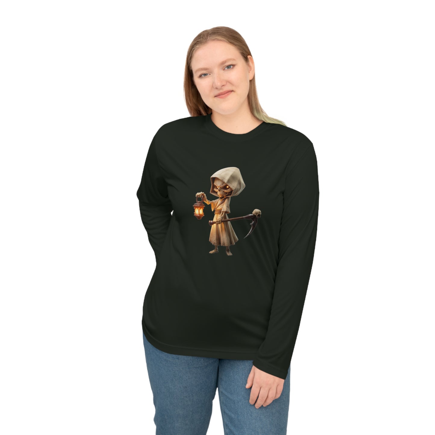 Lantern-Bearing Sentinel Unisex Performance Long Sleeve Shirt – Hooded Skeleton with Scythe and Warm Glow