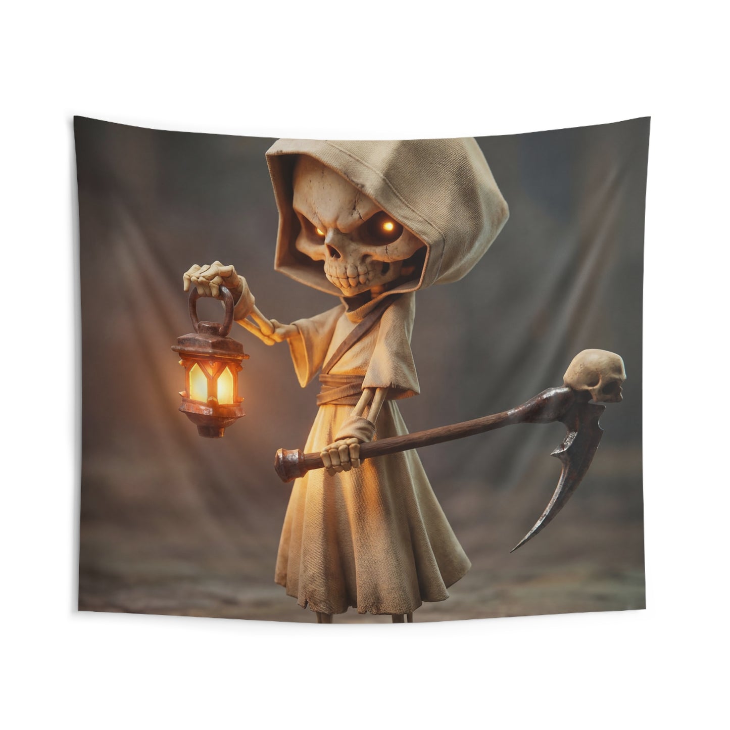 Lantern-Bearing Reaper Indoor Wall Tapestries – Warm Glow Through Twilight Shadows