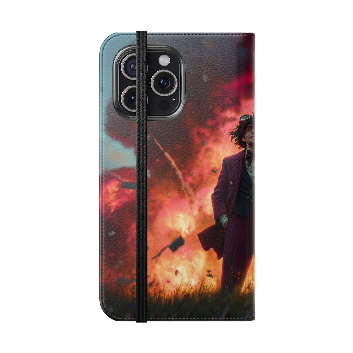 Goggles & Chaos Flip Cases – Purple Suit Amidst Fiery Explosion