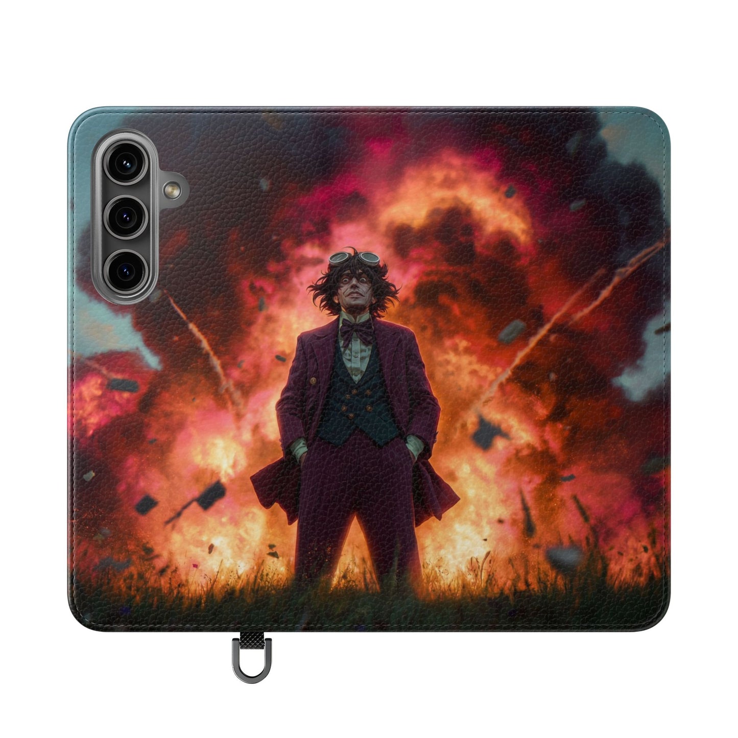 Goggles & Chaos Flip Cases – Purple Suit Amidst Fiery Explosion