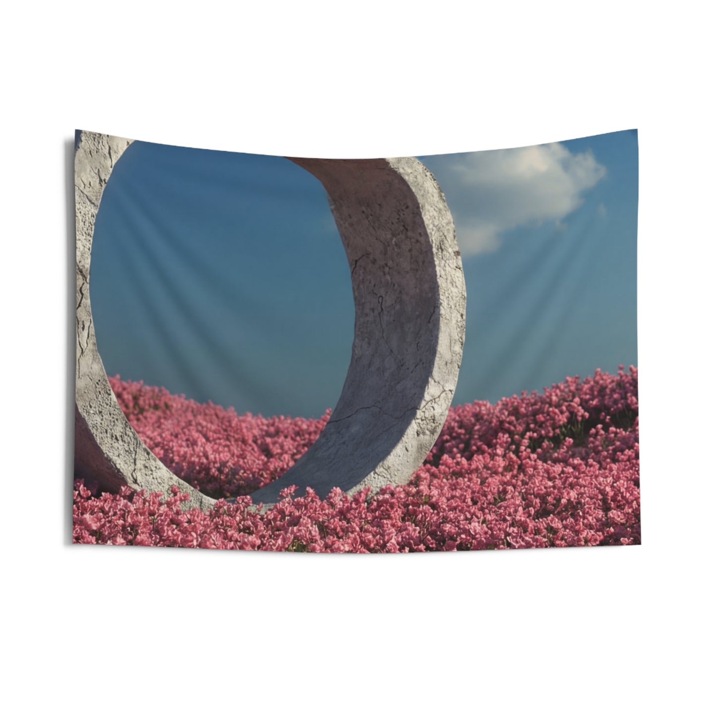 Stone Circle in Pink Bloom Field – Ethereal Gateway Wall Tapestry